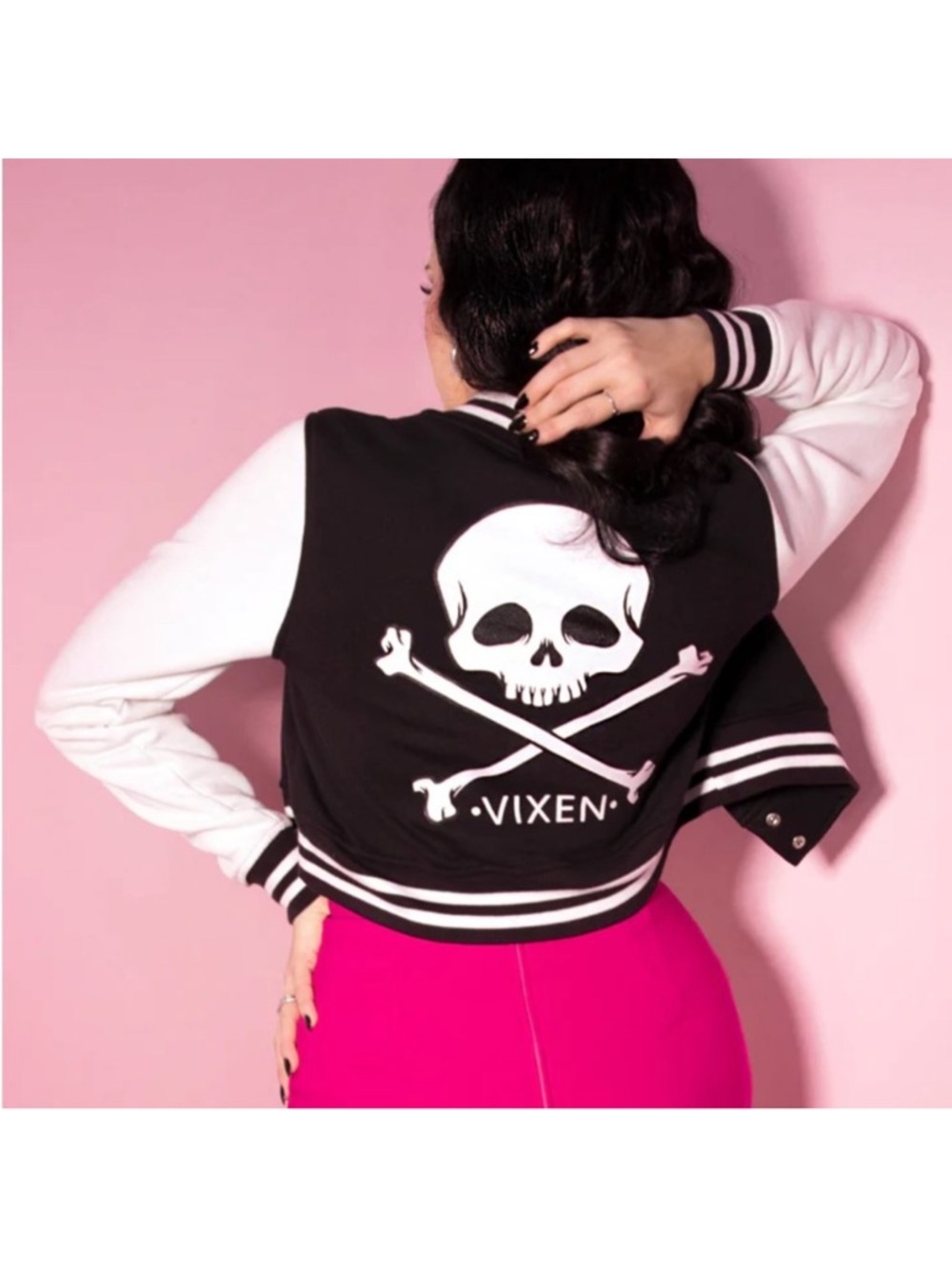 Vixen GIRL GANG Cropped Letterman Jacket - Black & White Skull - XS Small Med